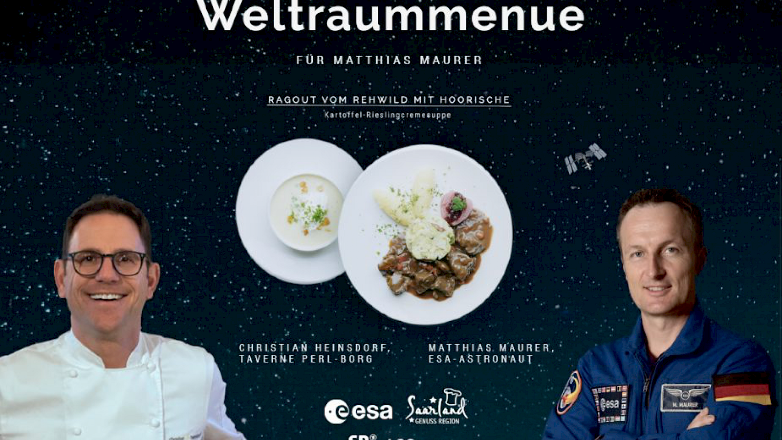 Zu sehen sind Astronaut Matthias Maurer, Christian Heinsdorf und sein Weltraummenue. Visual: zeit:raum / TZS
